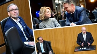 Kickl blickt seiner Kanzlerschaft entgegen, Eva-Maria Holzleitner und Andreas Babler der Opposition. Schallenberg sprach als Kanzler, Stocker als ÖVP-Chef. (Bild: Roland Schlager/APA/picturedesk.com)