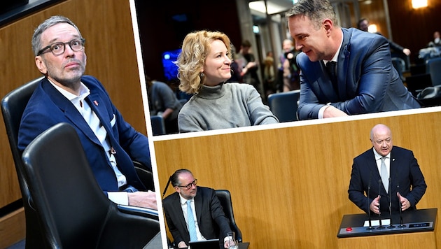 Kickl is looking forward to his chancellorship, Eva-Maria Holzleitner and Andreas Babler to the opposition. Schallenberg spoke as chancellor, Stocker as ÖVP leader. (Bild: Roland Schlager/APA/picturedesk.com)