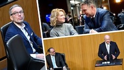 Kickl blickt seiner Kanzlerschaft entgegen, Eva-Maria Holzleitner und Andreas Babler der Opposition. Schallenberg sprach als Kanzler, Stocker als ÖVP-Chef. (Bild: Roland Schlager/APA/picturedesk.com)