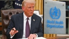 Donald Trumps Unterschrift hat fatale Auswirkungen auf die Weltgesundheitsorganisation. (Bild: Krone KREATIV/APA/AFP/POOL/Jim WATSON, APA/Fabrice COFFRINI)