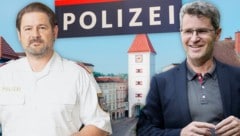 Jetzt ist es entschieden, ob Stefan Müller oder Hermann Krenn die Polizei in Wels leitet. Und diese Entscheidung ist nicht unumstritten. (Bild: Krone KREATIV/ Land OÖ Stinglmayr Stadt Wels Tourismusverband Region Wels (Credit für Stadtbild) Andi Schiel (Polizeischild))