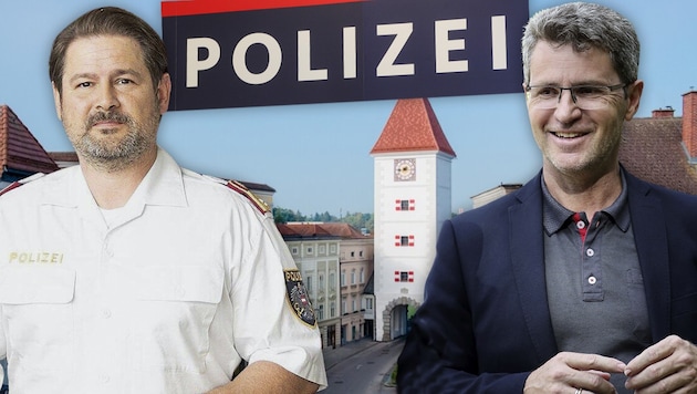 It has now been decided whether Stefan Müller or Hermann Krenn will head the police force in Wels. And this decision is not without controversy. (Bild: Krone KREATIV/ Land OÖ Stinglmayr Stadt Wels Tourismusverband Region Wels (Credit für Stadtbild) Andi Schiel (Polizeischild))