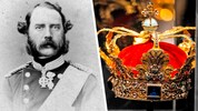 Der dänische König Christian IX. und die Krone Christians V., die zu den dänischen Kronjuwelen ...