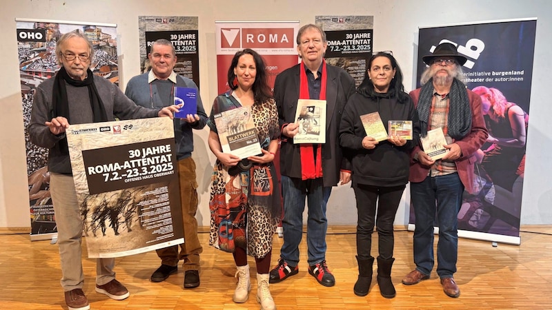 OHO erinnert an 30 Jahre Roma Attentat: Wolfgang Horwath, Andreas Lehner, Nora Demattio, Horst Horvath, Susanne Horvath und Peter Wagner (l.). (Bild: Carina Fenz)