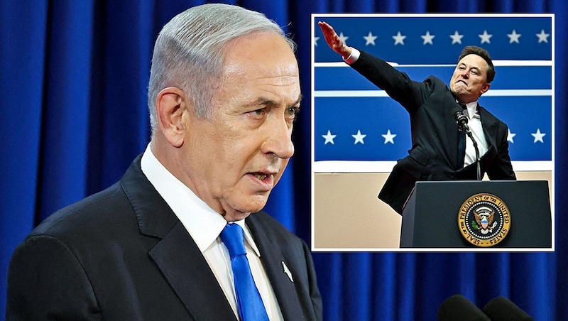 Israels Premier Benjamin Netanyahu schließt sich nicht der großen Empörung über den Auftritt Elon Musks am Angelobungstag Donald Trumps an. (Bild: Krone KREATIV/APA/AFP/ANGELA WEISS, AFP/POOL/NIR ELIAS)