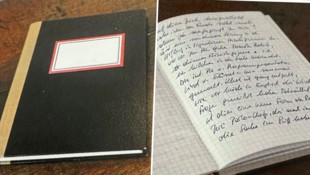 Ein einfacher, schwarzer und unbeschrifteter Einband außen, innen schlichte, karierte Blätter: ...