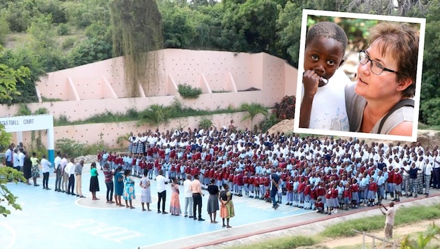 In Kenia hat Gabriela Vonwald (kleines Bild) bereits zwei Schulen gebaut. Anlass war der Bericht über ein Mädchen, das zur Schule gehen wollte. Die Familie konnte sich dafür notwendigen neuen Euro aber nicht leisten. (Bild: Krone KREATIV/Harambee)