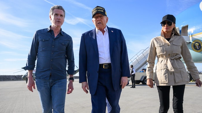 From left: California Governor Gavin Newsom, US President Donald Trump and his wife Melania