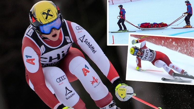 Nina Ortlieb stürzte in Garmisch schwer. (Bild: Associated Press, GEPA Pictures, ORF Screenshot)