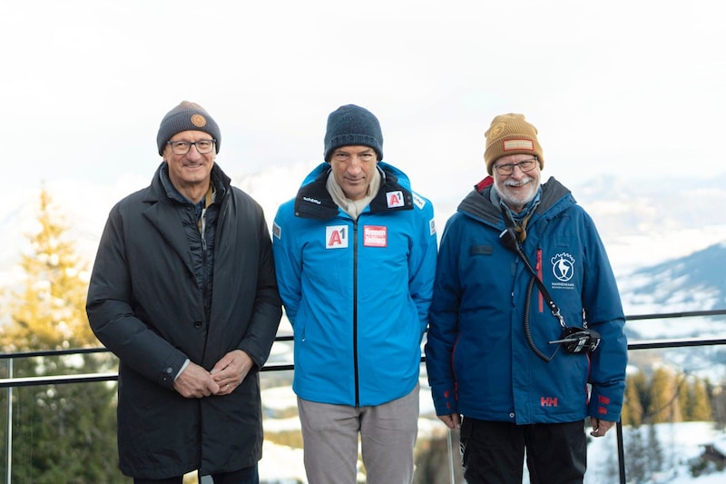 Tirols LH Anton Mattle, „Krone“- Herausgeber Christoph Dichand und Peter Feeg (v. li.) am Starthaus. (Bild: VP Klub)