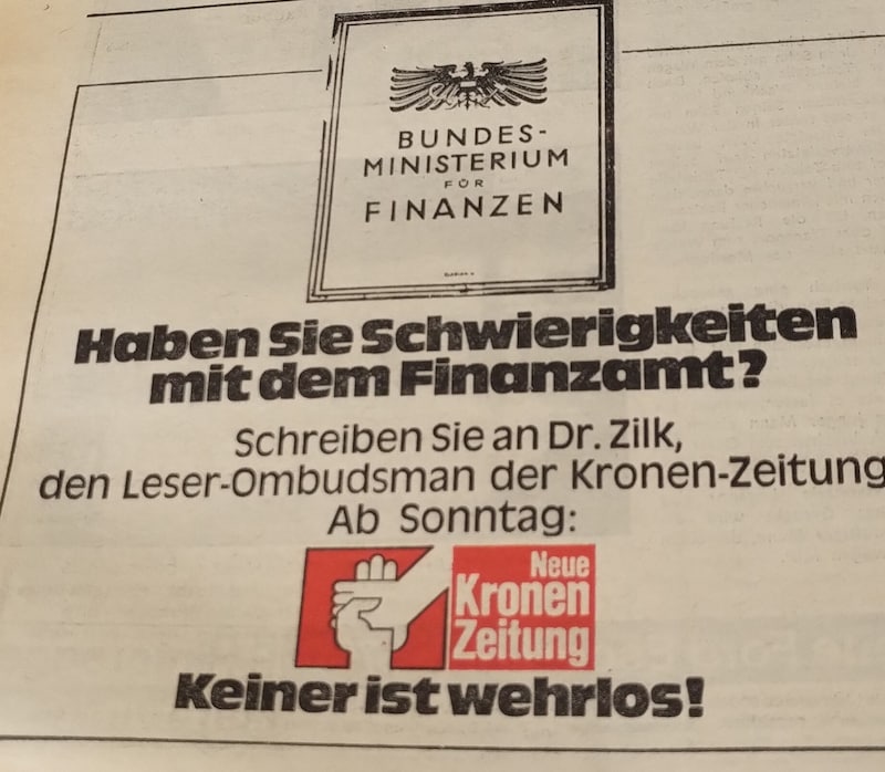 Per Inserat wurden die Leser 1975 aufgefordert, ihr Problem mit Behörden wie dem Finanzamt zu schildern. Die Resonanz war groß. (Bild: „Krone“)