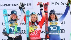 Lara Gut-Behrami (mi.) gewinnt den letzten Super-G vor der Ski-WM, Federica Brignone (re.) und Kajsa Vickhoff Lie (li.) komplettieren das Podium. (Bild: GEPA/GEPA pictures)