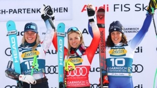 Lara Gut-Behrami (mi.) gewinnt den letzten Super-G vor der Ski-WM, Federica Brignone (re.) ...