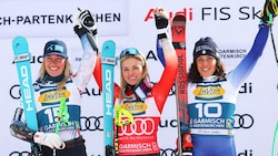 Lara Gut-Behrami (mi.) gewinnt den letzten Super-G vor der Ski-WM, Federica Brignone (re.) und Kajsa Vickhoff Lie (li.) komplettieren das Podium. (Bild: GEPA/GEPA pictures)