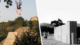 Mutter Elisabeth sprang 1974 mit einem Pferd über eine zwei Meter hohe Mauer (re.) Sohn Georg stand 2005 einen Backflip. (Bild: Krone KREATIV/G.Kurz, Fechter/Masters of Dirt)