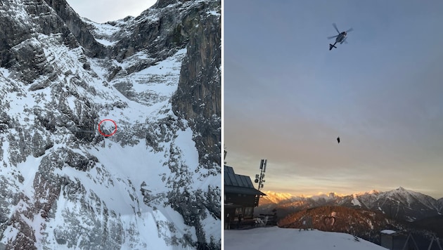 The Libelle Tirol flew the ski mountaineers on the rope from the wall over to the Rauthhütte. (Bild: ZOOM Tirol/Bergrettung Leutasch)