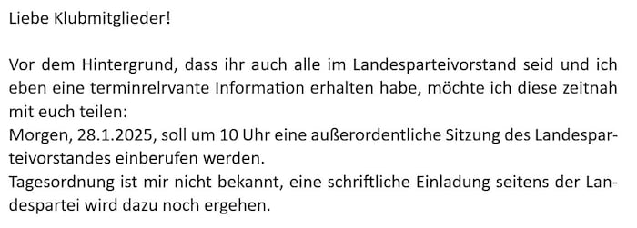 Das Aviso aus der SPÖ-Klubdirektion für die Sitzung des Landesparteivorstands.