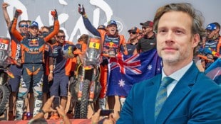 Mit den besten Momenten von der Rallye Dakar 2024 stimmte man die Aktionäre auf die Hauptversammlung ein. Der Triumph ist auch für Chef Gottfried Neumeister eine Bestätigung über den Wert der Marke. (Bild: Krone KREATIV/EPA, Daniel Scharinger)