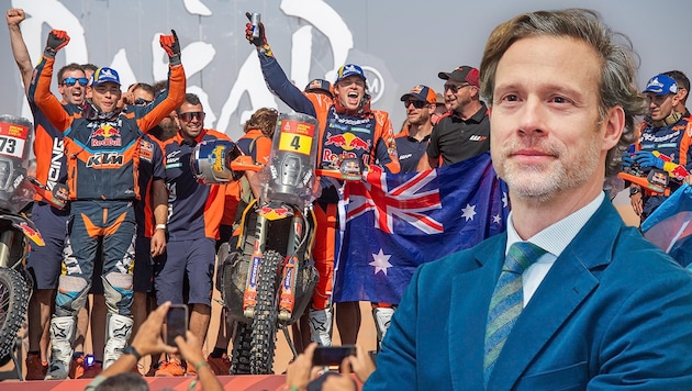 The shareholders were put in the mood for the Annual General Meeting with the best moments from the Dakar 2024 rally. The triumph is also a confirmation of the value of the brand for CEO Gottfried Neumeister. (Bild: Krone KREATIV/EPA, Daniel Scharinger)