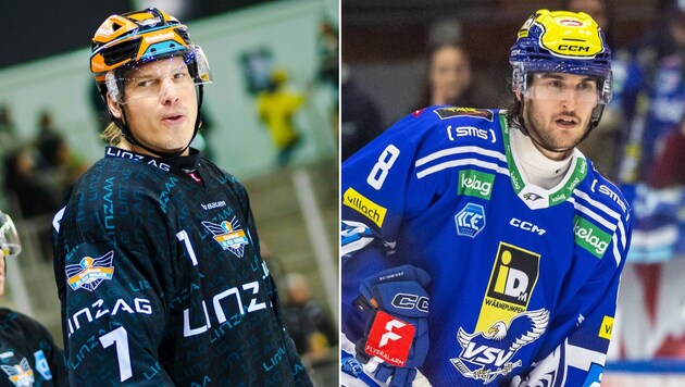 Brian Lebler (left) has 24 goals this season and scored twice again in the 8:1 win over Ljubljana. Villach's Rebernig (right) is his first pursuer. (Bild: Gepa (2))