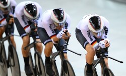Die deutschen Bahnrad-Fahrer Tobias Buck-Gramcko, Leon Rohde, Nicolas Heinrich und Theo ...