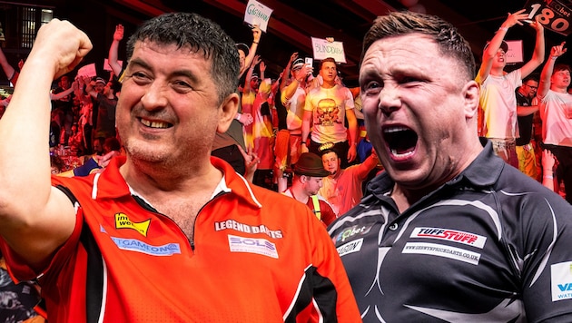 Mensur Suljovic (left) and Gerwyn Price rock Austria - and you can meet them. (Bild: GEPA, PDC Europe)