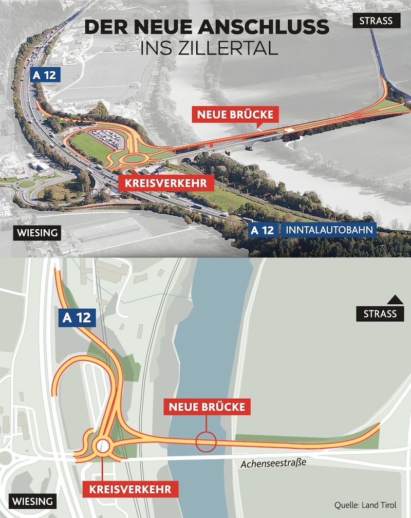 The diagram illustrates the plans for the connection to the A12 Inntalautobahn. (Bild: Krone KREATIV/Land Tirol)