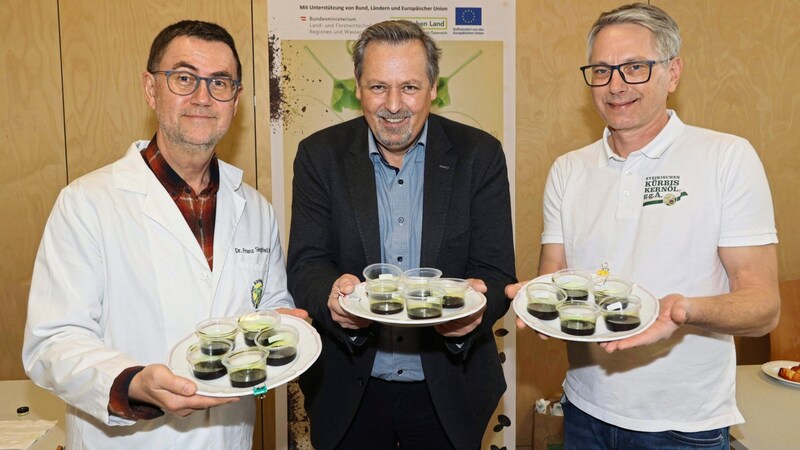 Head of tasting Franz Siegfried Wagner, Reinhold Zötsch (GF Gemeinschaft Steirisches Kürbiskernöl g.g.A.), Alois Eibler, LWK Steiermark (from left). (Bild: Jauschowetz Christian)