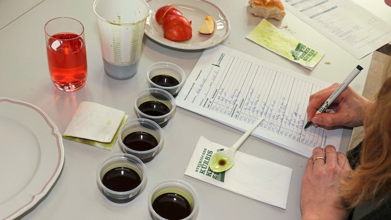 Five anonymous oil samples are placed on the table in each round, and each oil is tested by two committees. (Bild: Jauschowetz Christian)