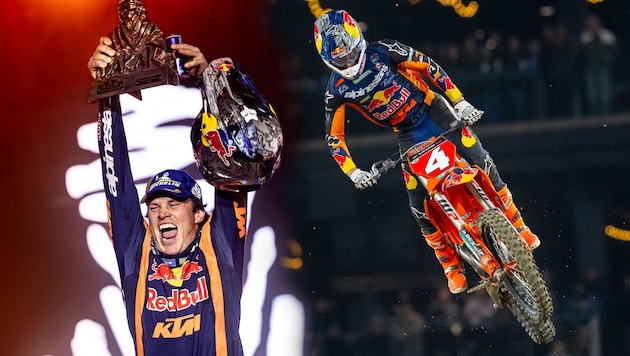 Winning the Dakar Rally (left), victories in the AMA Supercross Championship (right) in the USA: The KTM riders are completely unimpressed by the insolvency. (Bild: Krone KREATIV/Align Media, Marcin Kin/Red Bull Contentpool)