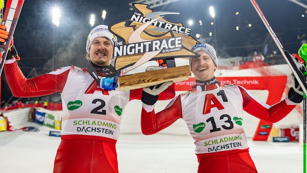 Manuel Feller (left) and Fabio Gstrein (right) are on the podium in Schladming. (Bild: Urbantschitsch Mario/krone.at)