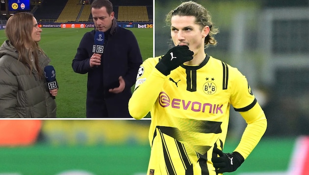 Marcel Sabitzer (re.) bekommt einen neuen Trainer. Das hat Lars Ricken (Mitte) live im TV bestätigt.  (Bild: GEPA/Screenshot DAZN)