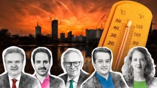 So stehen die Parteichefs zum Thema Klimaschutz. (Bild: Krone KREATIV/BBWien/Ludwig Schedl, Martin Jöchl, Peter Tomschi, Grüne Wien, stock.adobe.com)