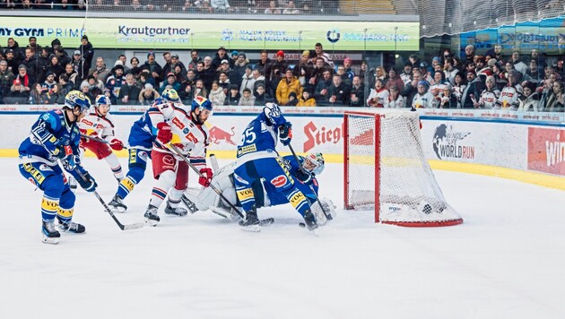 Goalie Lamoureux glänzte gegen Nienhuis (M.) und die Eisbullen mehrmals. (Bild: 2024 EC Red Bull Salzburg)