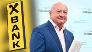 ÖVP-Chef Christian Stocker geht auf die FPÖ zu – was wohl die Raiffeisen dazu sagt? (Bild: Krone KREATIV/APA/Helmut Fohringer, P. Huber)