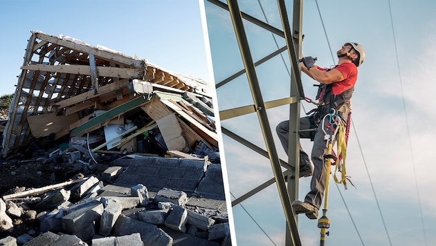 Houses in ruins, pipes shredded - technicians from Lower Austria are helping after the storm disaster in Ireland. (Bild: REUTERS/Clodagh Kiloyne, Netz NÖ/Serverin Wurnig, Krone KREATIV)