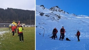 Hubschrauber flogen die Einsatzkräfte am Sonntagvormittag zur Lawine, die sich im Bereich des Tristkopfs löste. (Bild: Bergrettung Westendorf)