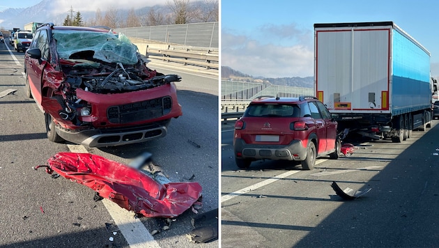 The car was severely damaged by the force of the impact. (Bild: ZOOM Tirol/Krone KREATIV)