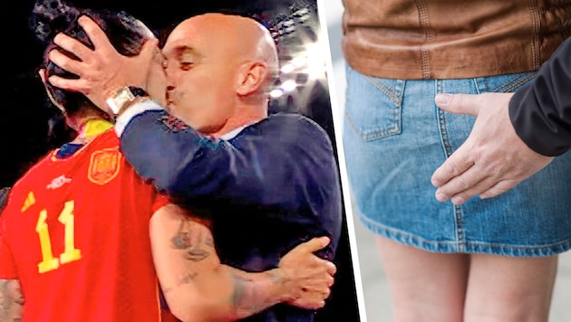 Spain's head of soccer Luis Rubiales kisses captain Jennifer Hermoso without her consent and is on trial for it. In our country, unwanted groping and forced kissing are not automatically legally equivalent. (Bild: Krone KREATIV/stock.adobeat/AP/twitter/krone.tv)