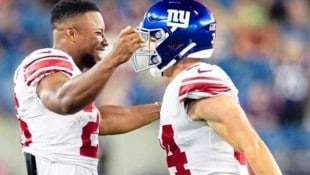 Sandro Platzgummer (re.) spielte bei den Giants mit SuperBowl-Sieger Saquon Barkley. (Bild: Matt Swensen, New York Giants)