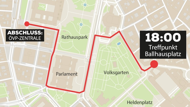 Die geplante Route der Demonstrierenden am Dienstagabend. (Bild: Krone KREATIV)