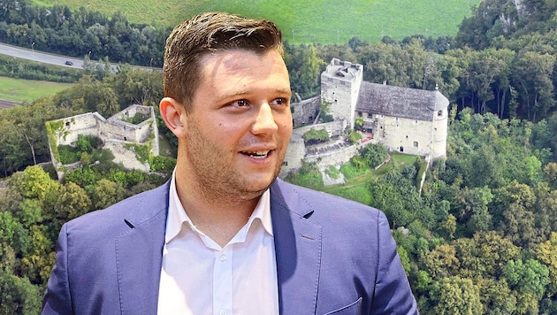 Alexis Pascuttini (KFG) will eine neuerliche Volksbefragung – diesmal zur Burg Gösting. Die Frage: Soll die Stadt die Ruine kaufen und wieder zugänglich machen? (Bild: Krone KREATIV/Christian Jauschowetz, Jürgen Radspieler)