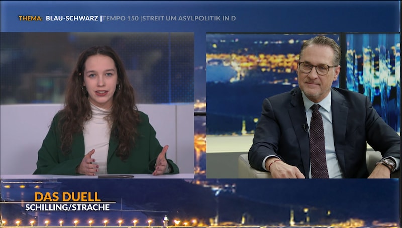 MEP Lena Schilling (Greens) in a duel against former FPÖ leader Heinz-Christian Strache. (Bild: krone.tv )