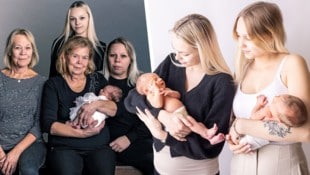 Bild links: Fünf „blonde“ Generationen auf einem Foto. Bild rechts: Chiara und Sarah mit ihren neugeborenen Töchtern Elina und Elena, die fast am selben Tag das Licht der Welt erblickten. (Bild: Martin Schotte)