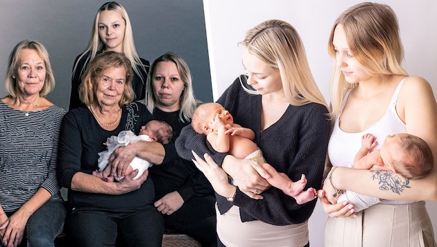 Bild links: Fünf „blonde“ Generationen auf einem Foto. Bild rechts: Chiara und Sarah mit ihren neugeborenen Töchtern Elina und Elena, die fast am selben Tag das Licht der Welt erblickten. (Bild: Martin Schotte)