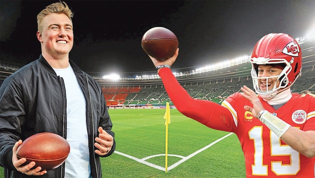 Spielen Raimann (li.) oder Mahomes einmal auch im Happel-Stadion in Wien? (Bild: Krone KREATIV/Reuters/Leonhard Foeger; Getty Images/AFP/Jamie Squire; Urbantschitsch Mario)