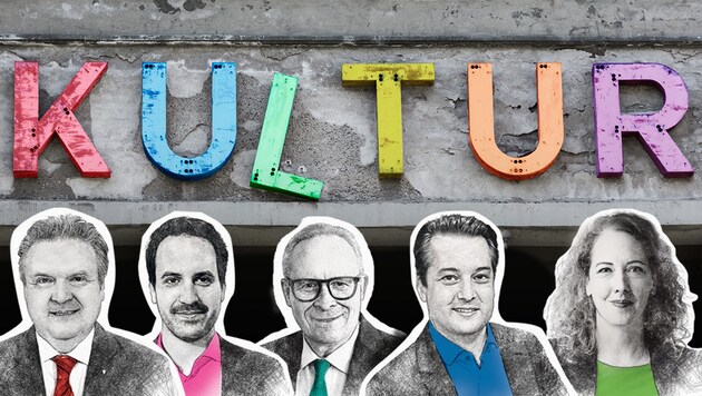 This is what the party leaders have to say about the austerity program for theaters and museums. (Bild: Krone KREATIV/BBWien/Ludwig Schedl, Martin Jöchl, Peter Tomschi, Grüne Wien, stock.adobe.com)