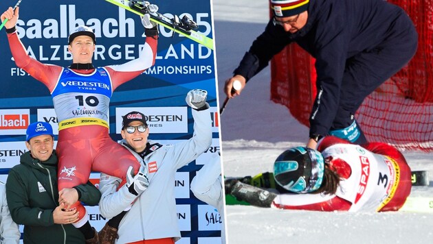 One day after Ricarda Haaser's (right) serious crash, her brother Raphael celebrates his silver medal. (Bild: GEPA pictures)