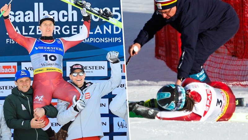 One day after Ricarda Haaser's (right) serious crash, her brother Raphael celebrates his silver medal. (Bild: GEPA pictures)