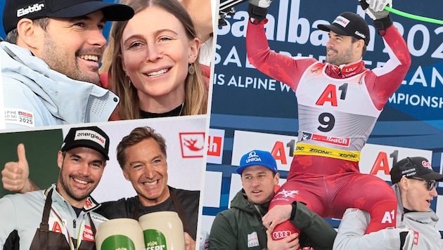 The colleagues celebrated "Vinc" (right picture). His wife Michaela congratulated him, as did Hans Knauß later on. (Bild: GEPA/Christof Birbaumer)